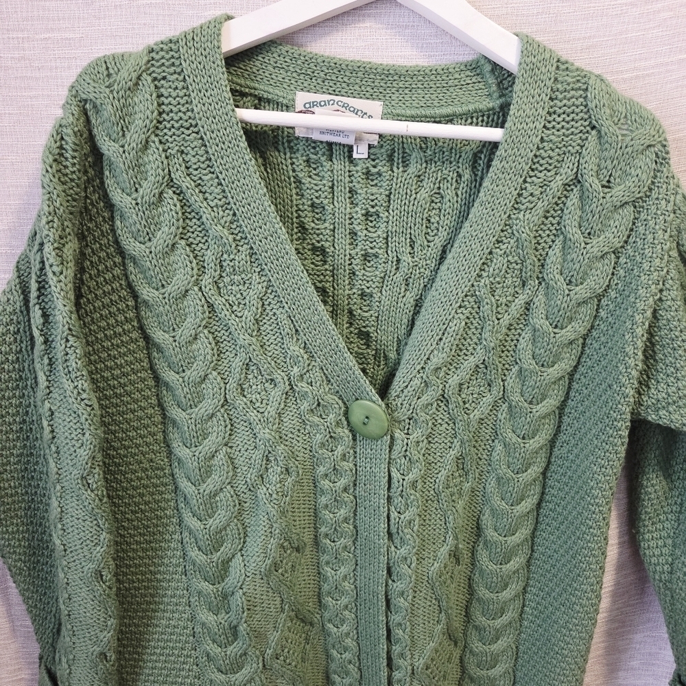 Aran crafts merino wool one button cable knit cardigan long  sweater Large - Picture 4 of 7